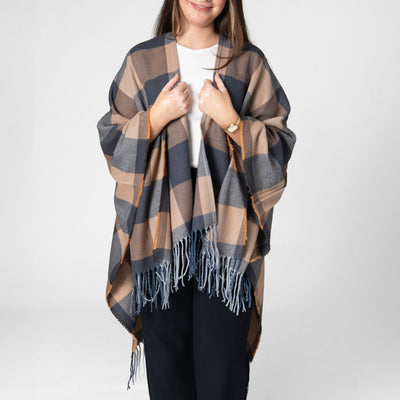 PONCHO - Maddie - Womens Woven Plaid Open Front Poncho