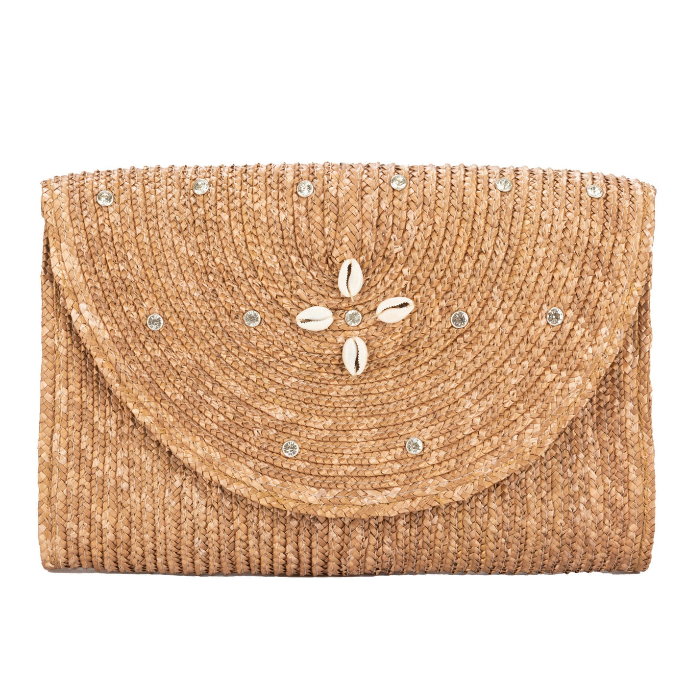 CLUTCH - Resort Ready - Fine Wheat Straw Braid Clutch With Seashell Flowers And Rhinestone Details