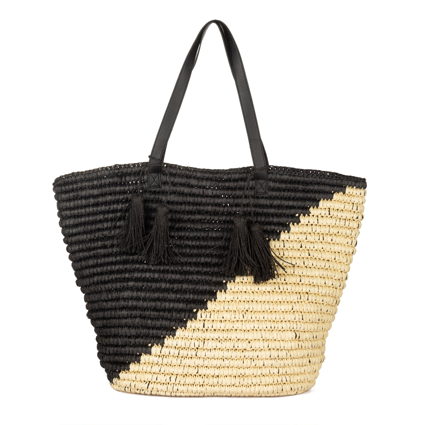 TOTE - Color Blocked Tote With Leather Handles & Paper Tassels