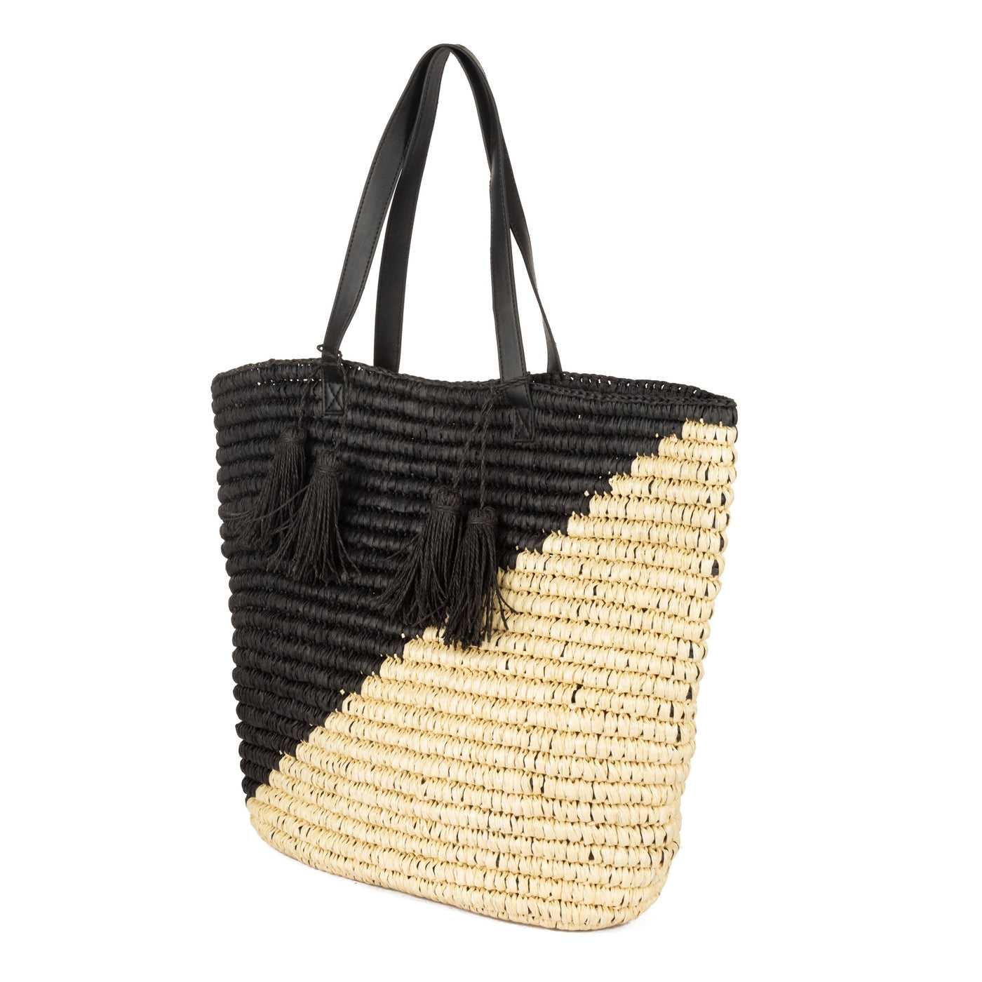 TOTE - Color Blocked Tote With Leather Handles & Paper Tassels