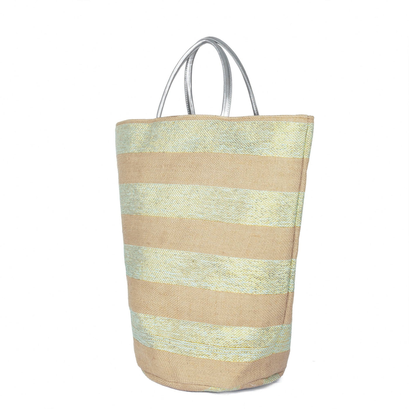 TOTE - Striped Tote With Metallic Silver Leather Handles (BSB3755)