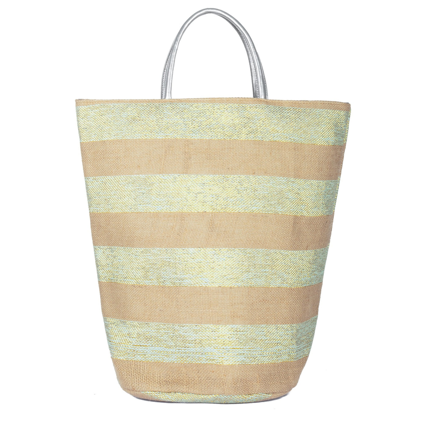 TOTE - Striped Tote With Metallic Silver Leather Handles (BSB3755)