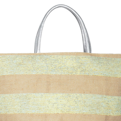 TOTE - Striped Tote With Metallic Silver Leather Handles (BSB3755)