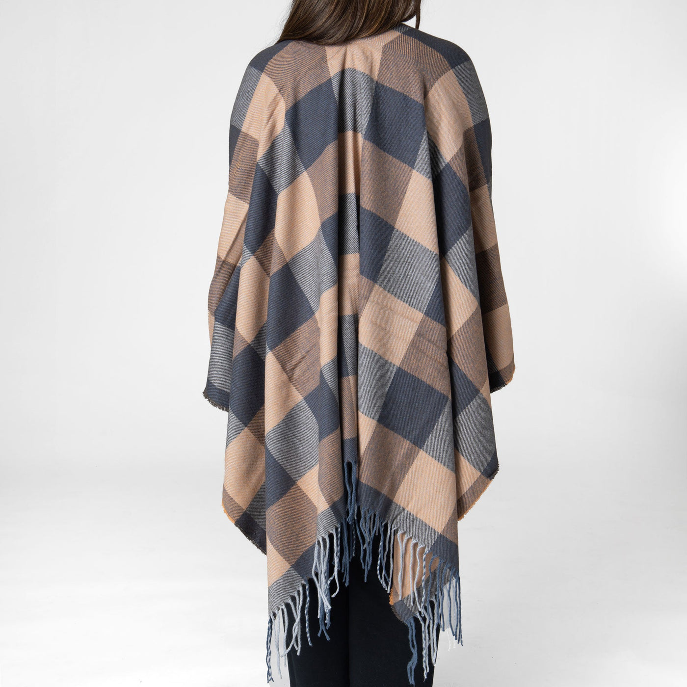 PONCHO - Maddie - Womens Woven Plaid Open Front Poncho