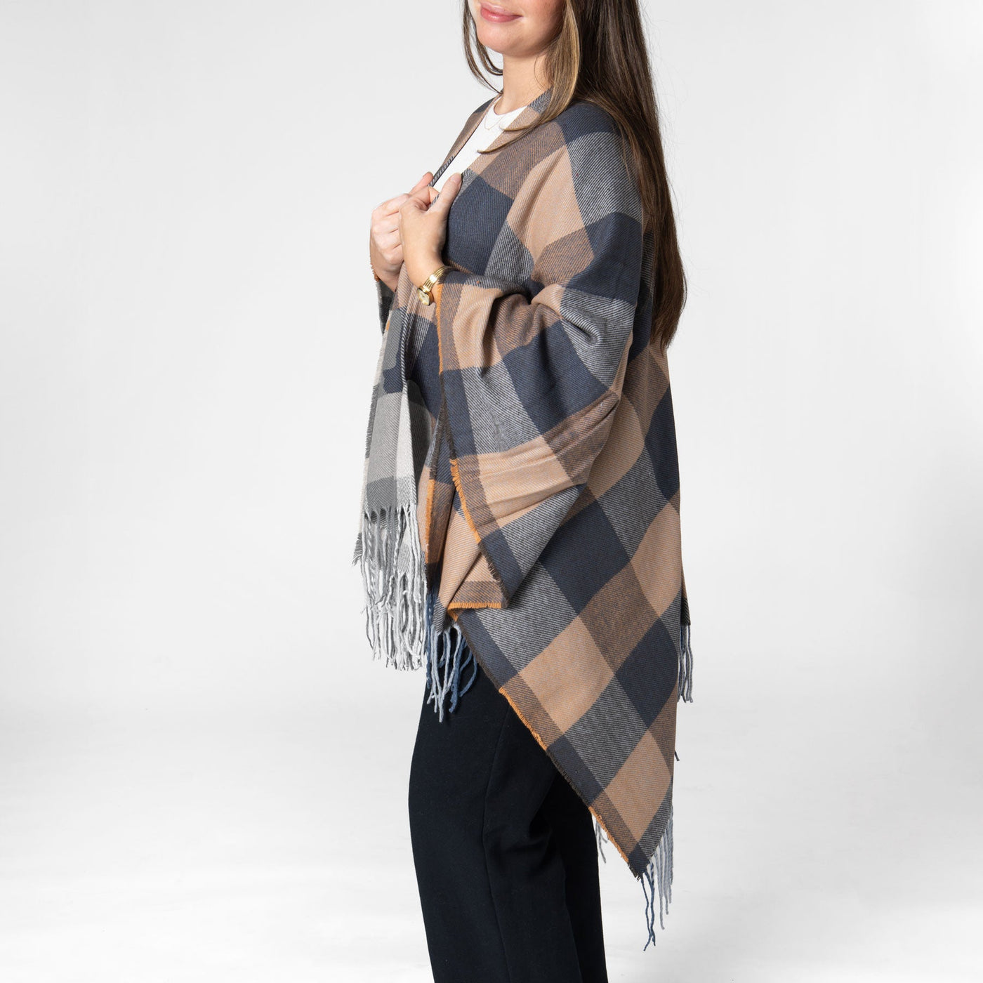 PONCHO - Maddie - Womens Woven Plaid Open Front Poncho