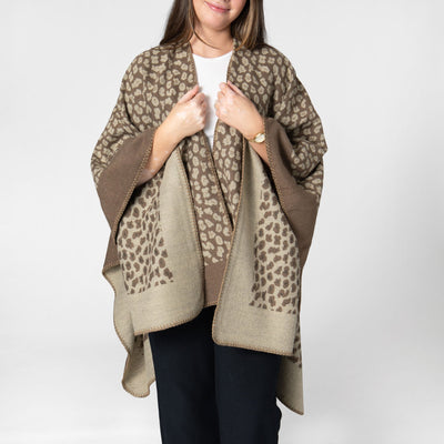 PONCHO - Marybeth - Womens Jacquard Leopard Open Front Poncho