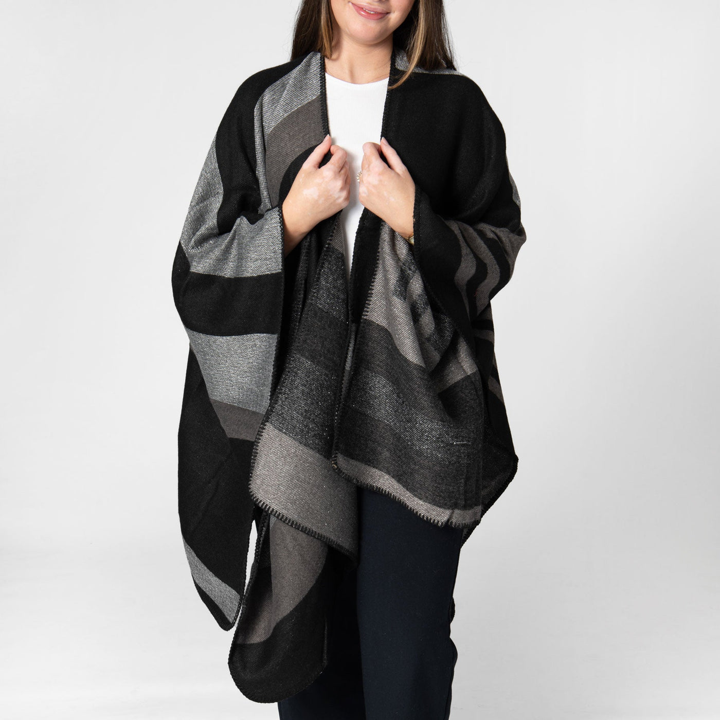 PONCHO - Patty - Womens Woven Striped Open Front Poncho