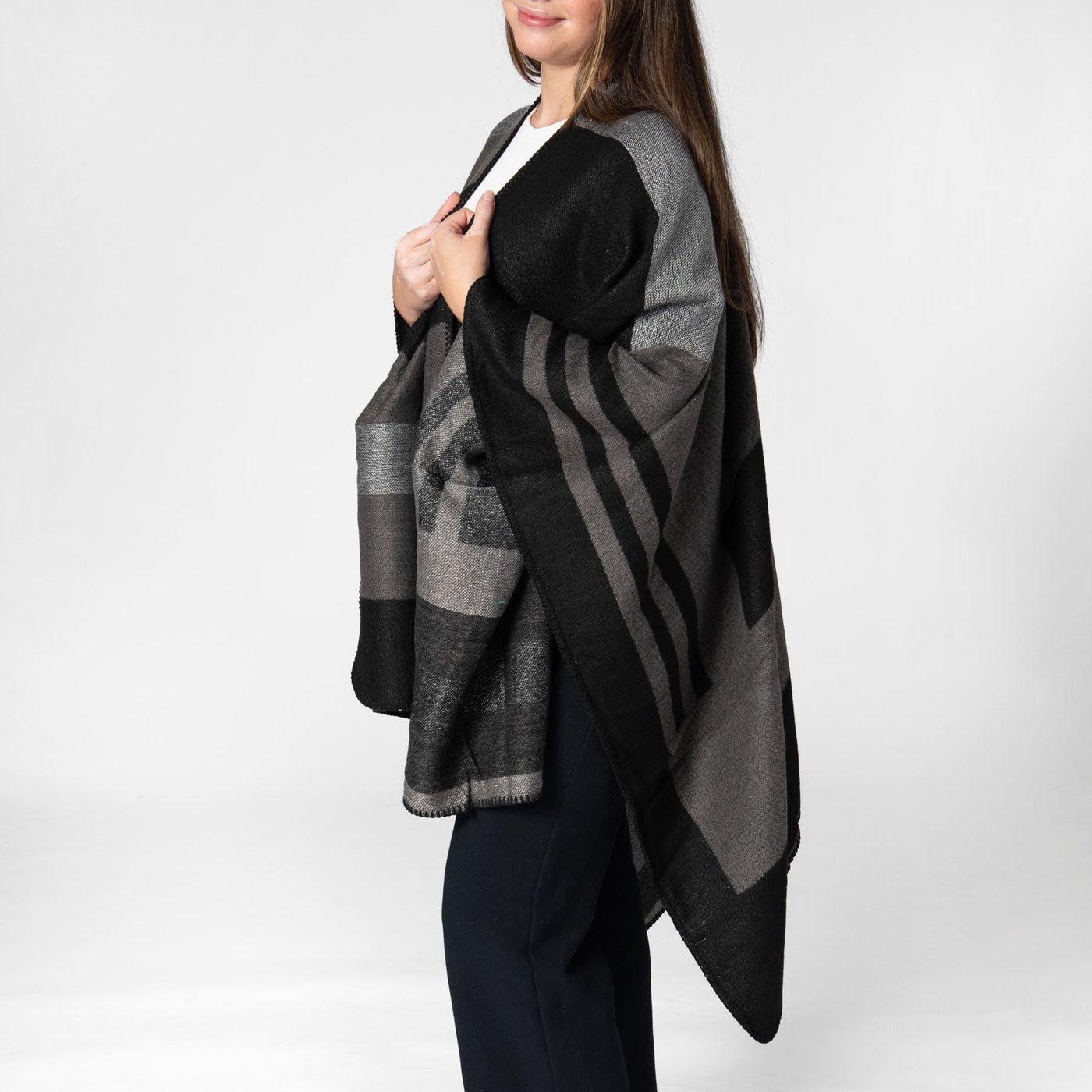 PONCHO - Patty - Womens Woven Striped Open Front Poncho