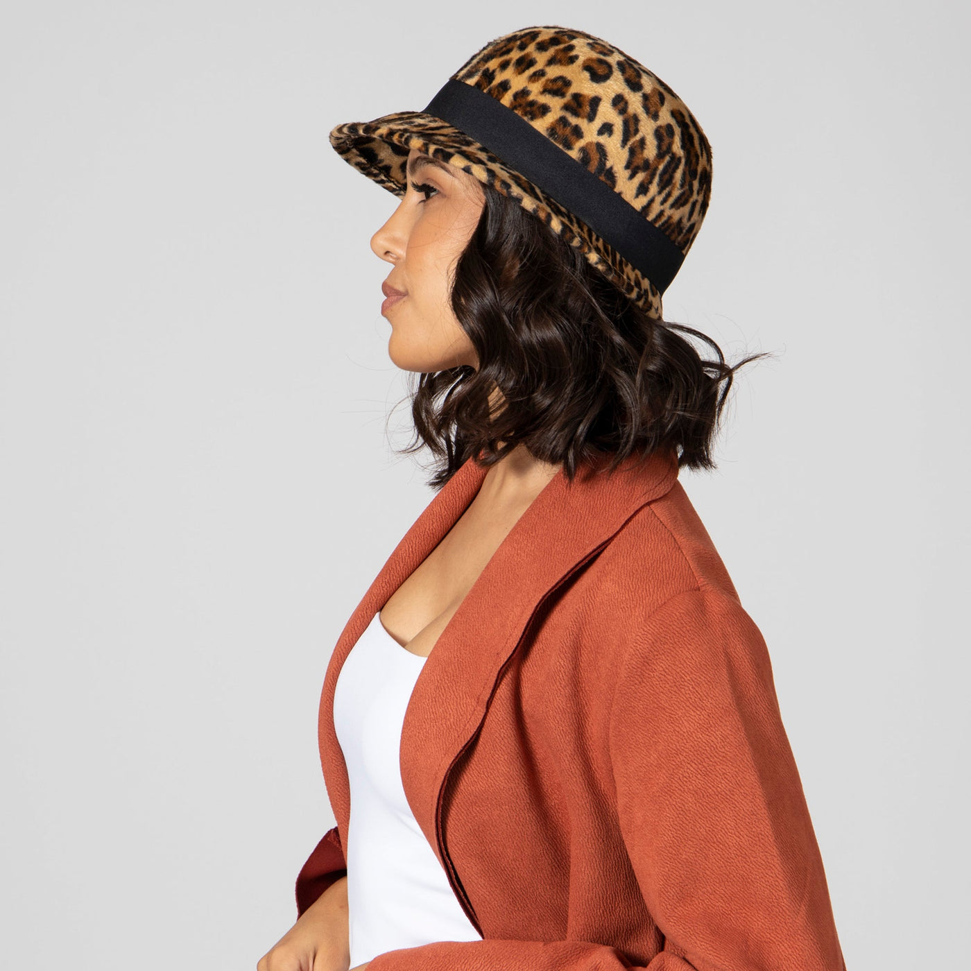 BUCKET - Women's Faux Wool Felt Leopard Cloche With Grosgrain Bow