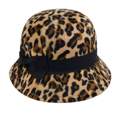 BUCKET - Women's Faux Wool Felt Leopard Cloche With Grosgrain Bow