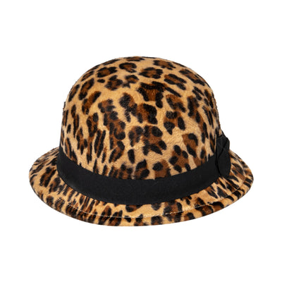 BUCKET - Women's Faux Wool Felt Leopard Cloche With Grosgrain Bow