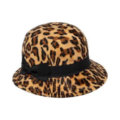 BUCKET - Women's Faux Wool Felt Leopard Cloche With Grosgrain Bow