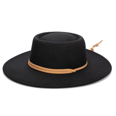 BOATER - Women's Faux Felt Boater W/ Faux Leather Chin Cord