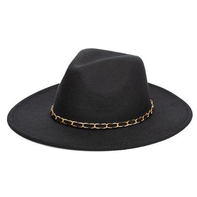 FEDORA - Women's Faux Felt Fedora W/ Gold Chain Trim