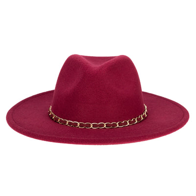 FEDORA - Women's Faux Felt Fedora W/ Gold Chain Trim