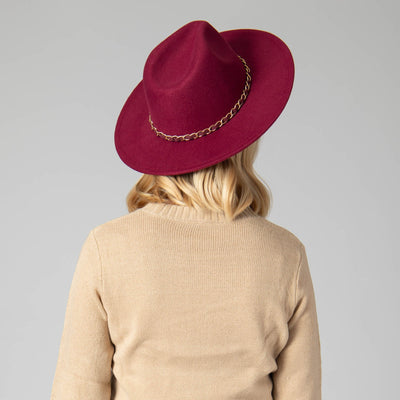 FEDORA - Women's Faux Felt Fedora W/ Gold Chain Trim