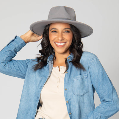 Mia - Faux Felt Fedora with Pinch Crown and Gold Trim Band-FEDORA-San Diego Hat Company