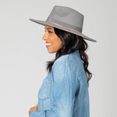 Mia - Faux Felt Fedora with Pinch Crown and Gold Trim Band-FEDORA-San Diego Hat Company