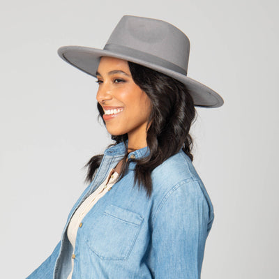 Mia - Faux Felt Fedora with Pinch Crown and Gold Trim Band-FEDORA-San Diego Hat Company