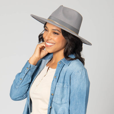 Mia - Faux Felt Fedora with Pinch Crown and Gold Trim Band-FEDORA-San Diego Hat Company
