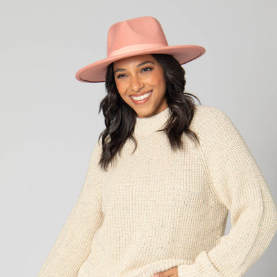 Mia - Faux Felt Fedora with Pinch Crown and Gold Trim Band-FEDORA-San Diego Hat Company