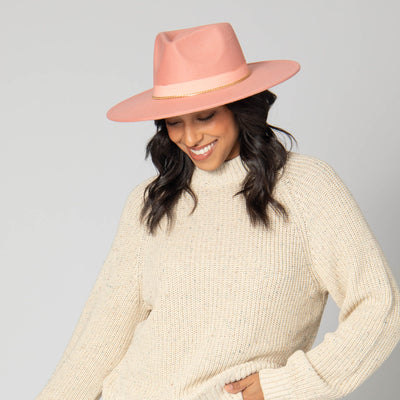 Mia - Faux Felt Fedora with Pinch Crown and Gold Trim Band-FEDORA-San Diego Hat Company