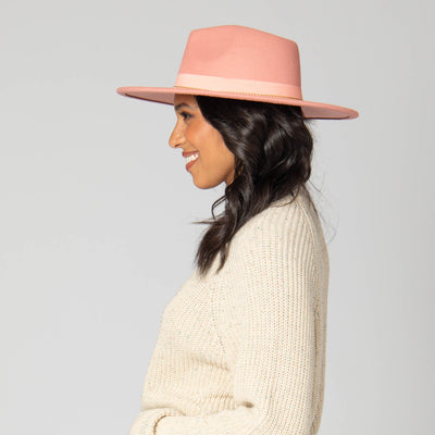 Mia - Faux Felt Fedora with Pinch Crown and Gold Trim Band-FEDORA-San Diego Hat Company