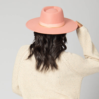 Mia - Faux Felt Fedora with Pinch Crown and Gold Trim Band-FEDORA-San Diego Hat Company