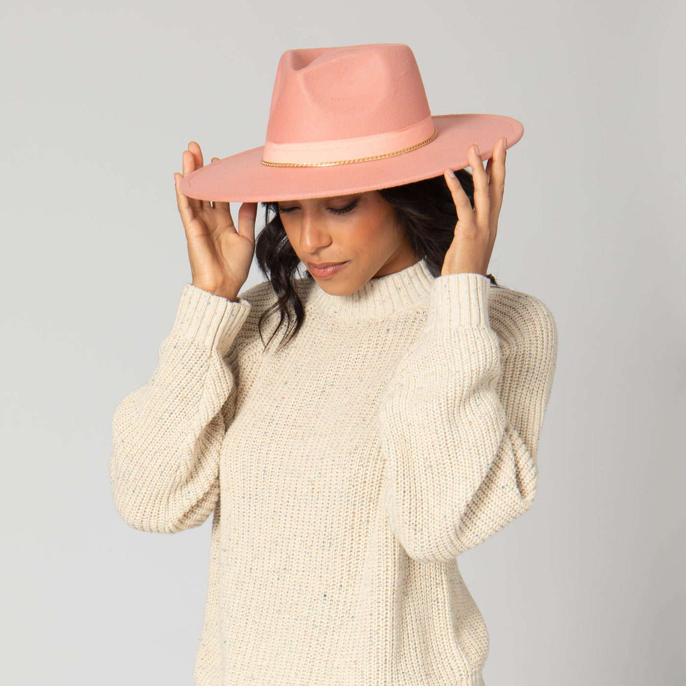 Mia - Faux Felt Fedora with Pinch Crown and Gold Trim Band-FEDORA-San Diego Hat Company