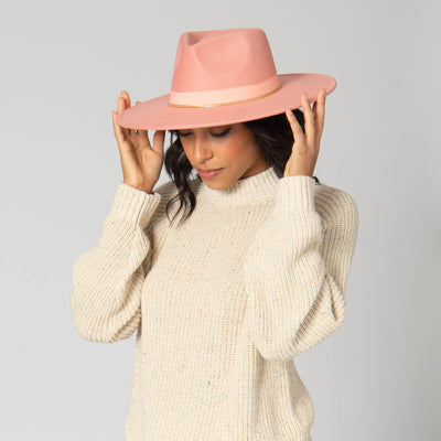 Mia - Faux Felt Fedora with Pinch Crown and Gold Trim Band-FEDORA-San Diego Hat Company