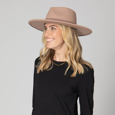 Mia - Faux Felt Fedora with Pinch Crown and Gold Trim Band-FEDORA-San Diego Hat Company
