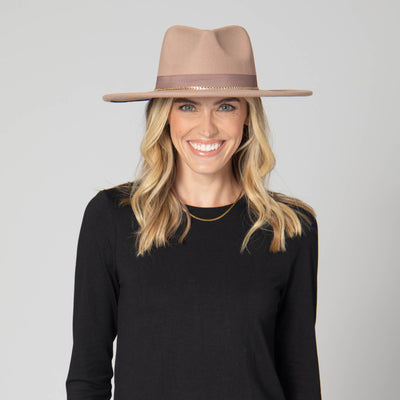 Mia - Faux Felt Fedora with Pinch Crown and Gold Trim Band-FEDORA-San Diego Hat Company