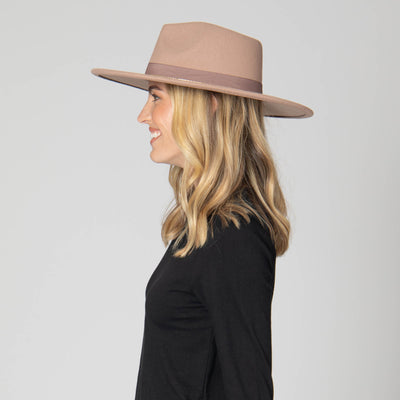 Mia - Faux Felt Fedora with Pinch Crown and Gold Trim Band-FEDORA-San Diego Hat Company