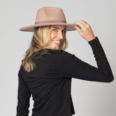 Mia - Faux Felt Fedora with Pinch Crown and Gold Trim Band-FEDORA-San Diego Hat Company