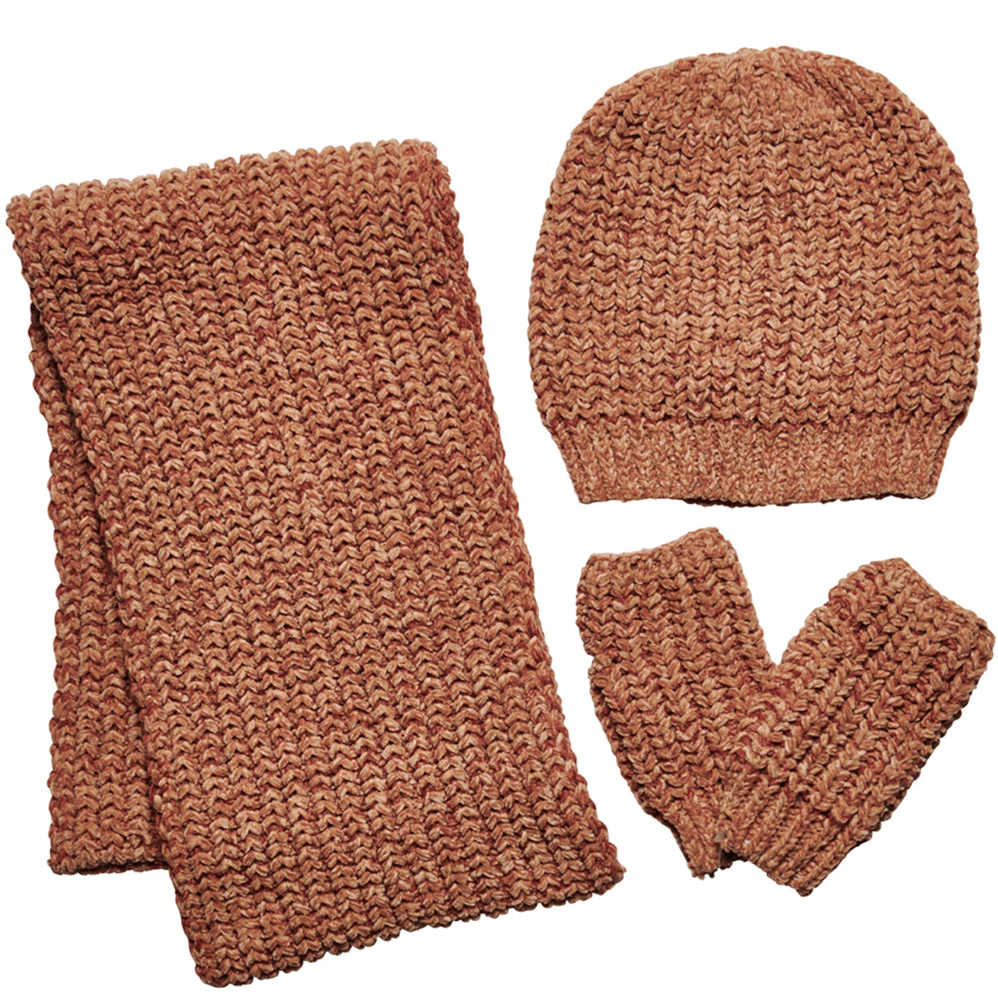 SET - Chenille Knit Set W/ Scarf, Beanie And Gloves