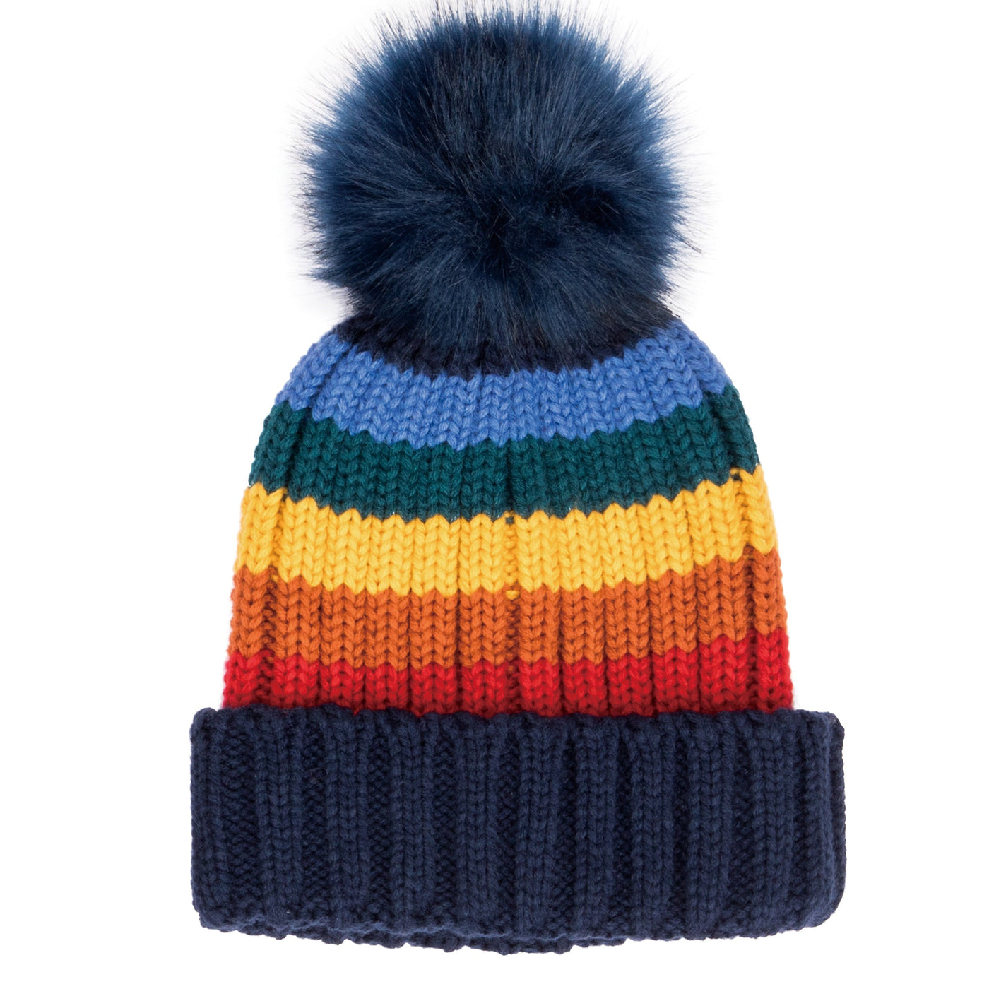 BEANIE - Women's Knit Rainbow Stripe Beanie W/Pom