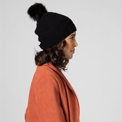 BEANIE - Women's Knit Beanie W/Faux Fur Pom