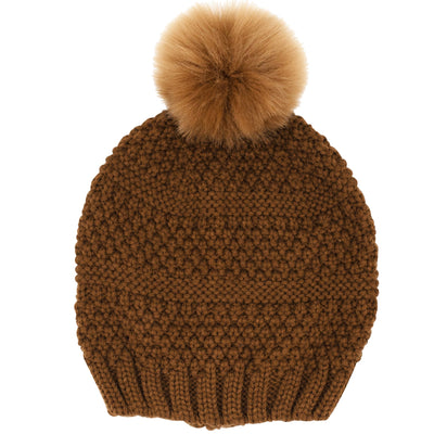 BEANIE - Women's Knit Beanie W/Faux Fur Pom