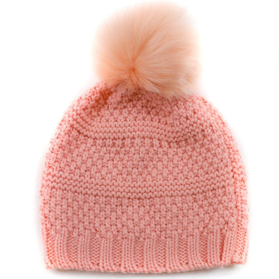 BEANIE - Women's Knit Beanie W/Faux Fur Pom