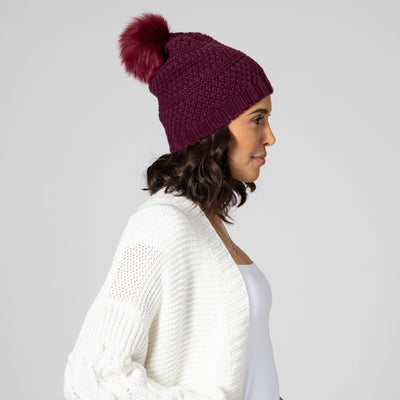 BEANIE - Women's Knit Beanie W/Faux Fur Pom