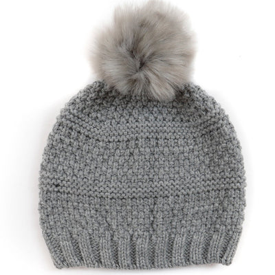 BEANIE - Women's Knit Beanie W/Faux Fur Pom