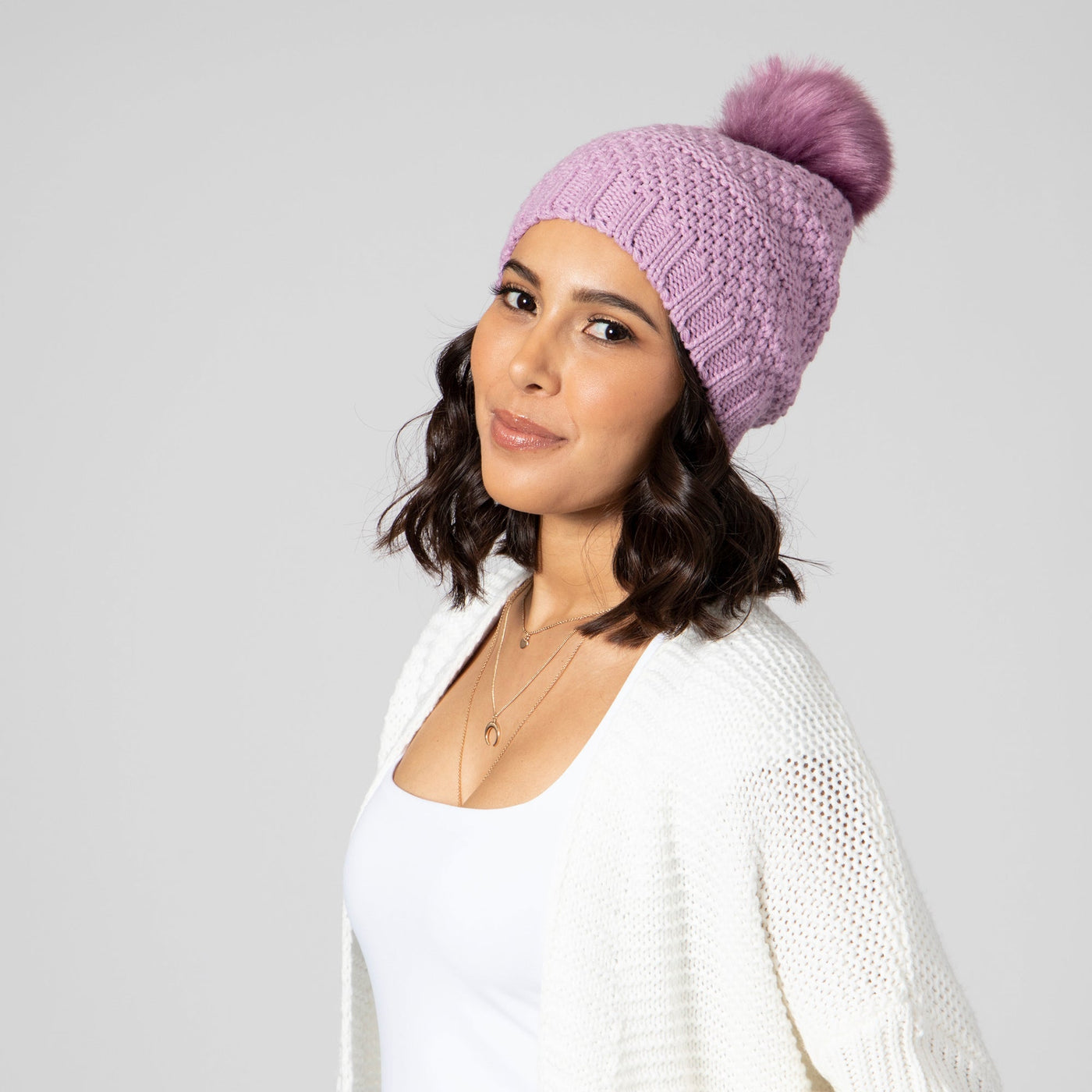 BEANIE - Women's Knit Beanie W/Faux Fur Pom