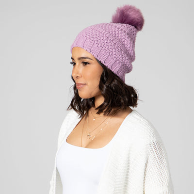 BEANIE - Women's Knit Beanie W/Faux Fur Pom