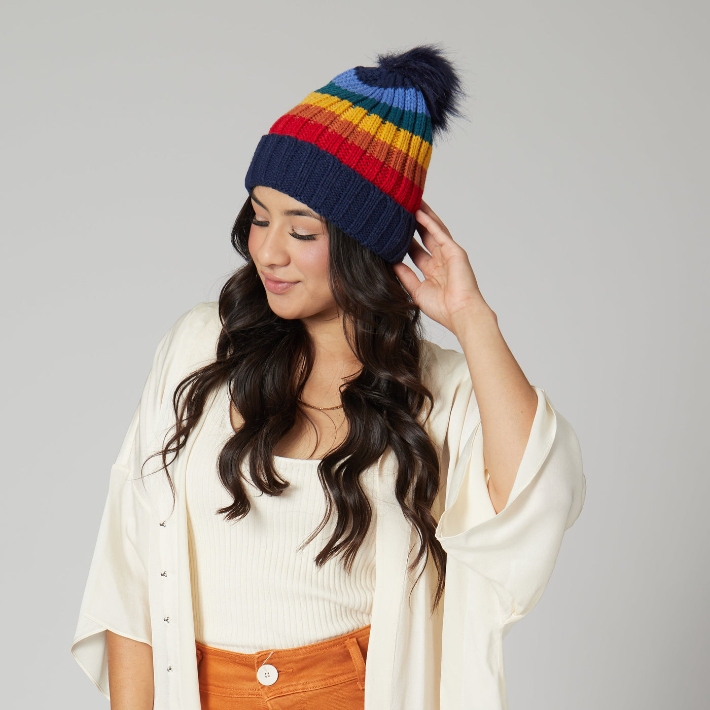 BEANIE - Women's Knit Rainbow Stripe Beanie W/Pom