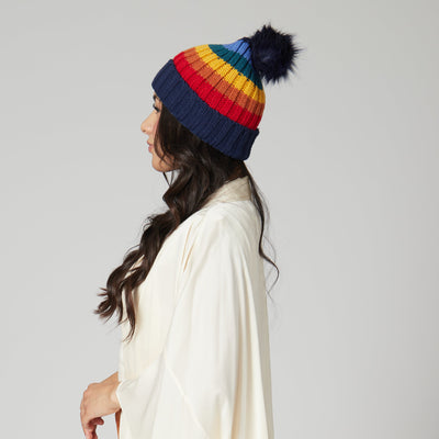 BEANIE - Women's Knit Rainbow Stripe Beanie W/Pom