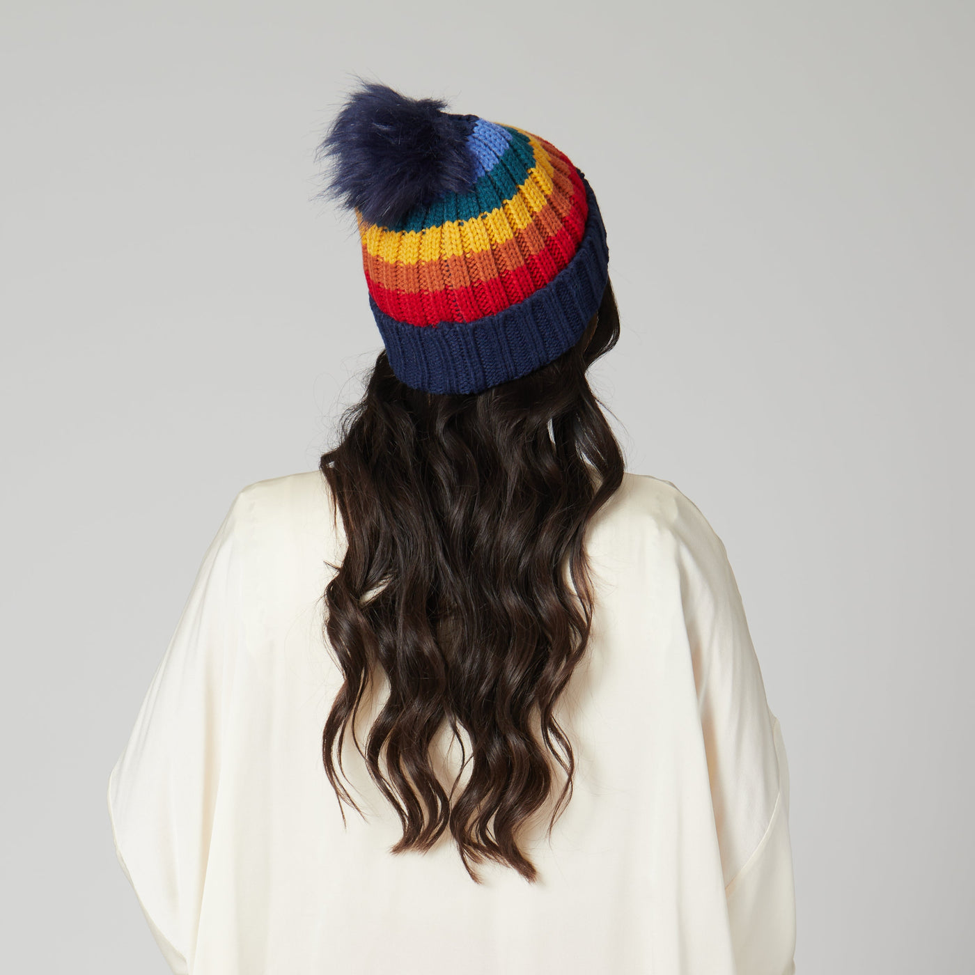 BEANIE - Women's Knit Rainbow Stripe Beanie W/Pom