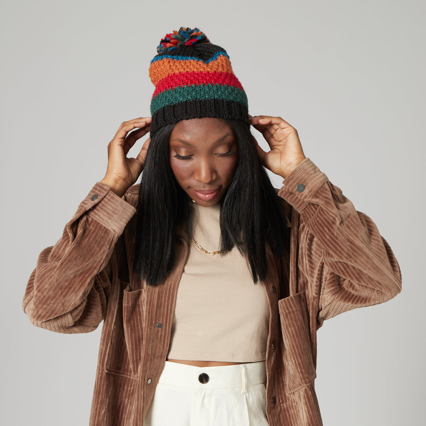 BEANIE - Women's Striped Beanie W/ Pom (KNH5001)