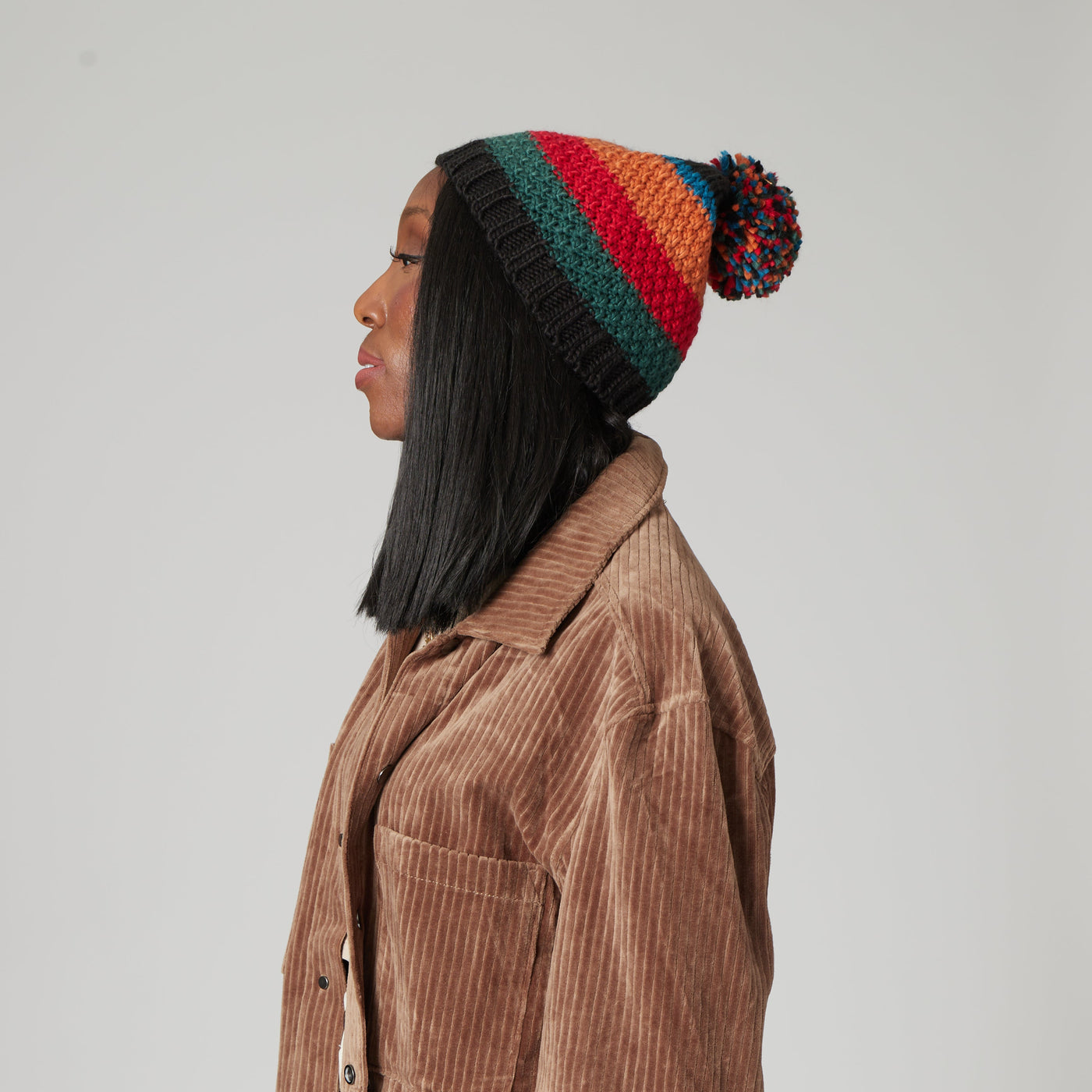 BEANIE - Women's Striped Beanie W/ Pom (KNH5001)