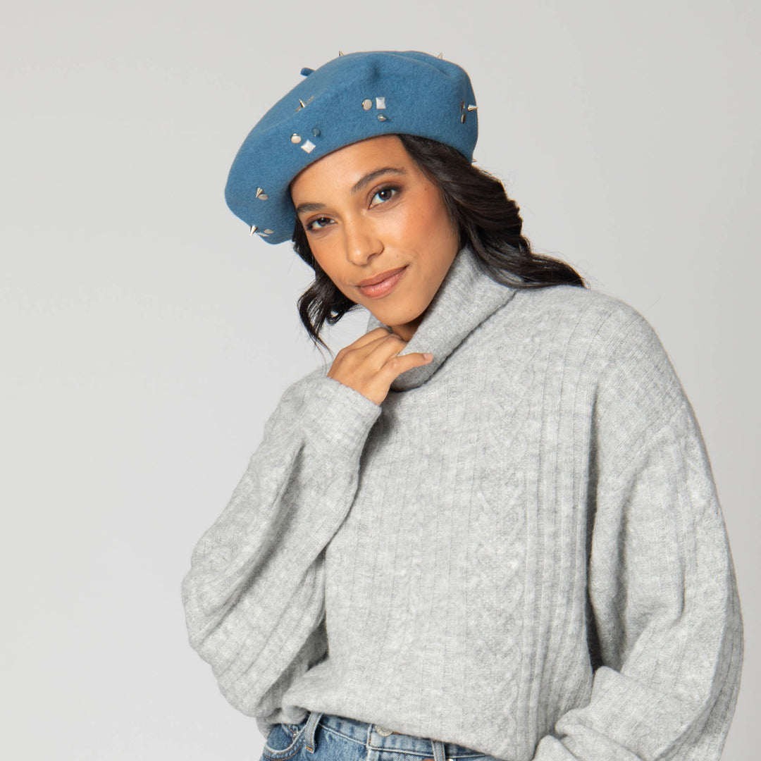 Last Night Wool Blend Beret with Metallic Stud Clusters – San