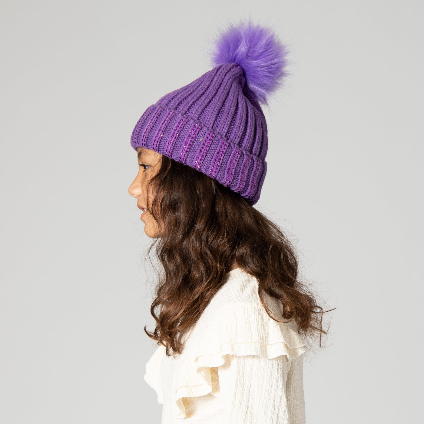 BEANIE - Kids Jeweled Beanie With Faux Fur Pom